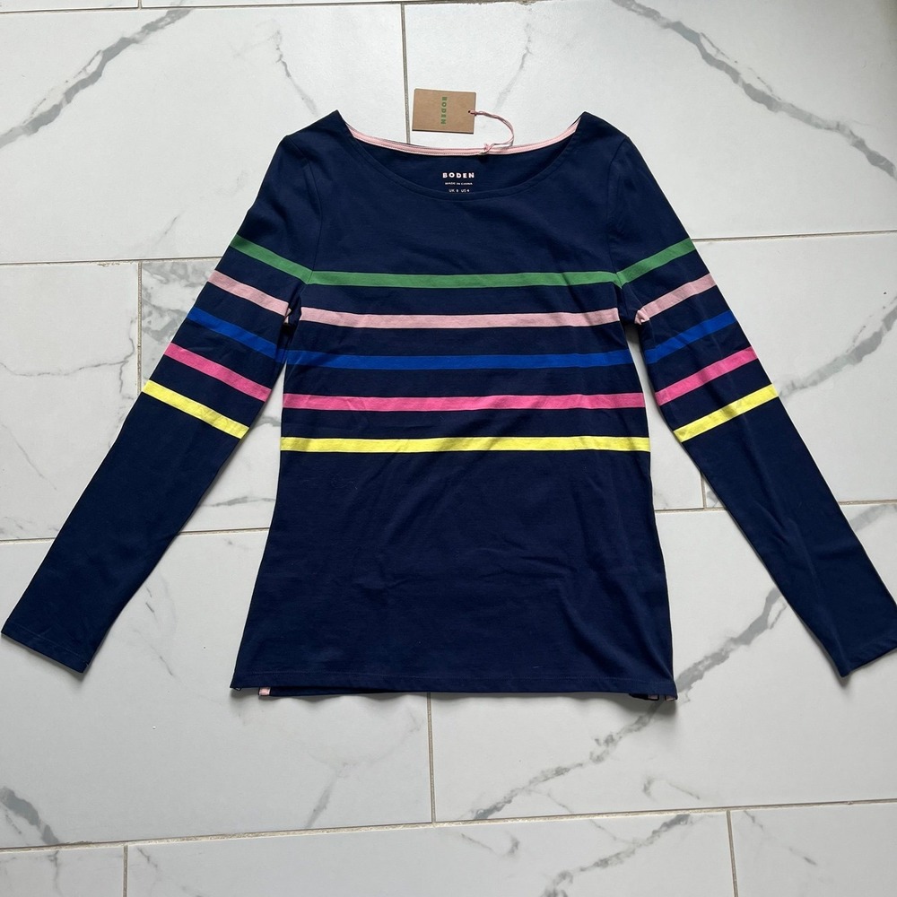 NWT Boden Ella Long Sleeve Breton top navy blue multi-colored striped sz US 4
